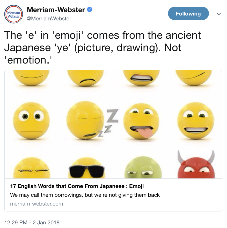 The'e' in 'emoji' comes from the ancient Japaneses 'ye' (picture, drawing). Not 'emotion'.