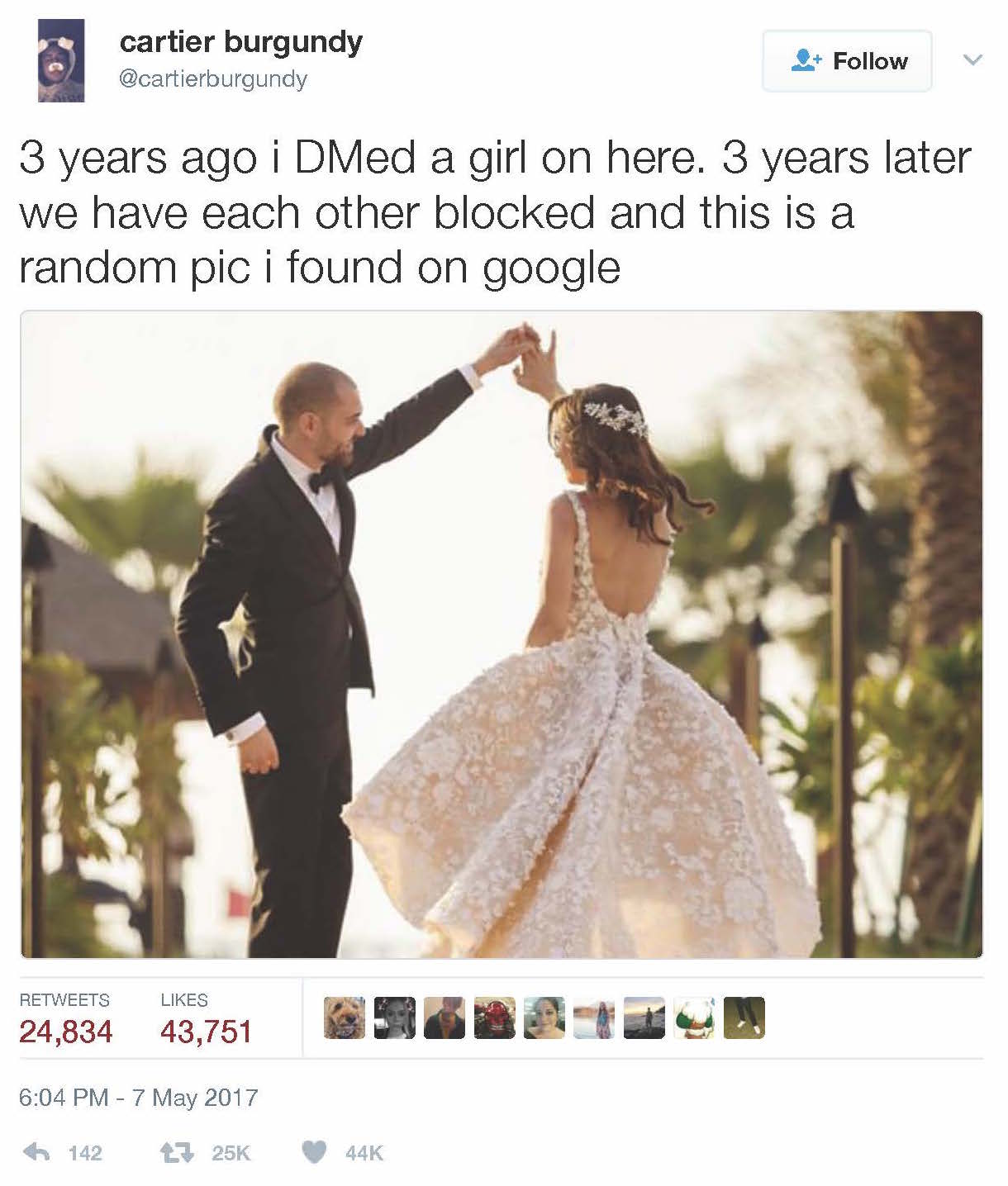 Tweet with a picture of a bride and groom dancing and the words ''3 years ago i DMed a girl on here. 3 years later we have each other blocked and this is a random pic i found on google''